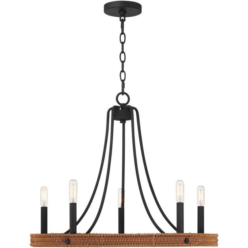 Franklin Iron Works Navarro Black Wagon Wheel Chandelier 24 1/2" Wide Farmhouse Rustic Wood Ring 5-Light Fixture for Dining Room