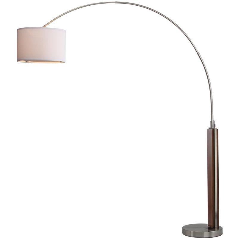 Nickel and Wood Arc Floor Lamp with Cotton Shade