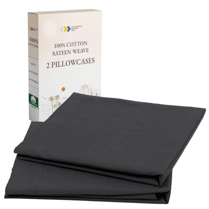 100% Cotton Pillow Cases Standard Size/ Queen Size Set of 2 Soft & Cooling Sateen Weave by California Design Den - Dark Grey (Black Tone)