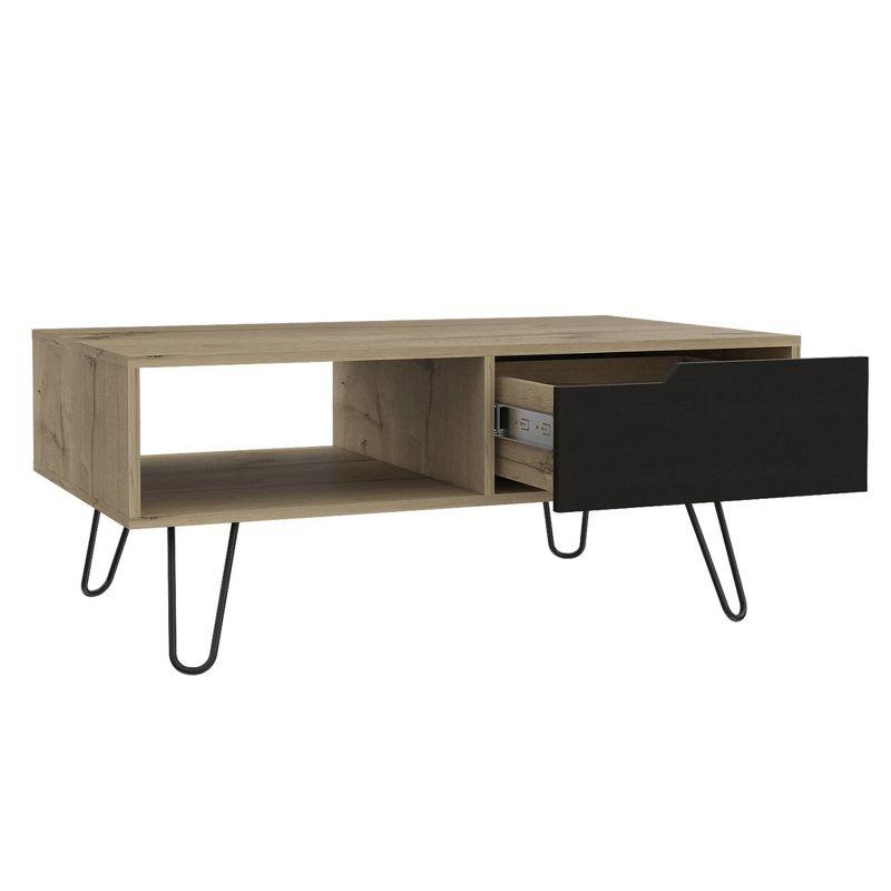 Curved Steel Hairpin & Light Wood Coffee Table with Storage