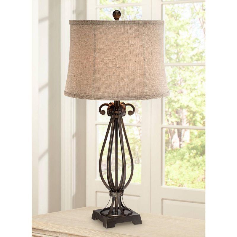 Regency Hill Taos Traditional Table Lamp 32" Tall Iron Open Scroll Base Neutral Burlap Shade for Bedroom Living Room Bedside Nightstand Office Kids