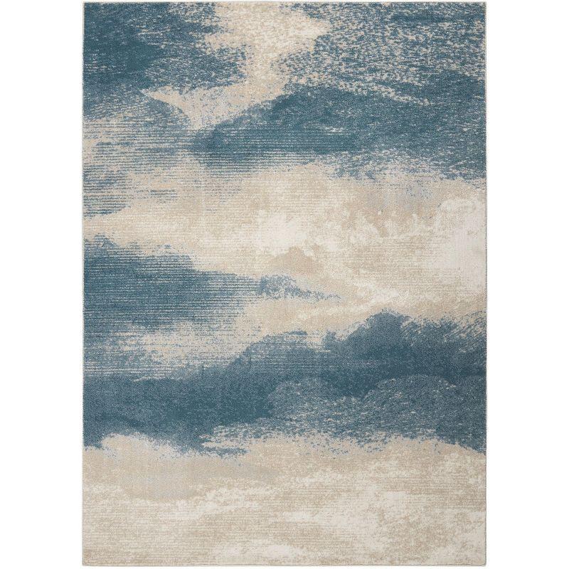 Ivory and Teal Abstract Flat Woven Synthetic Rug, 5' x 7'