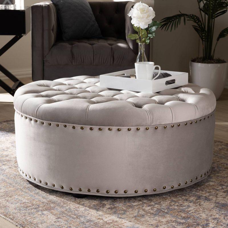 Baxton Studio Iglehart Velvet Tufted Cocktail Ottoman Gray: Eucalyptus Frame, Brass Tacks, Black Legs