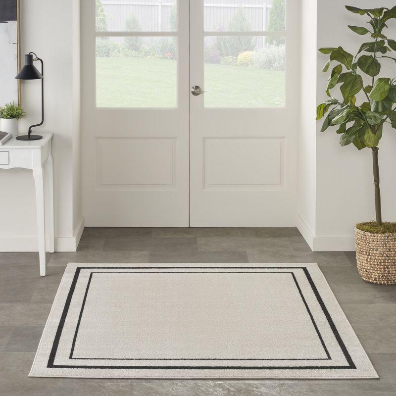 Contemporary Ivory/Black Square Outdoor Rug, Easy-Care Synthetic