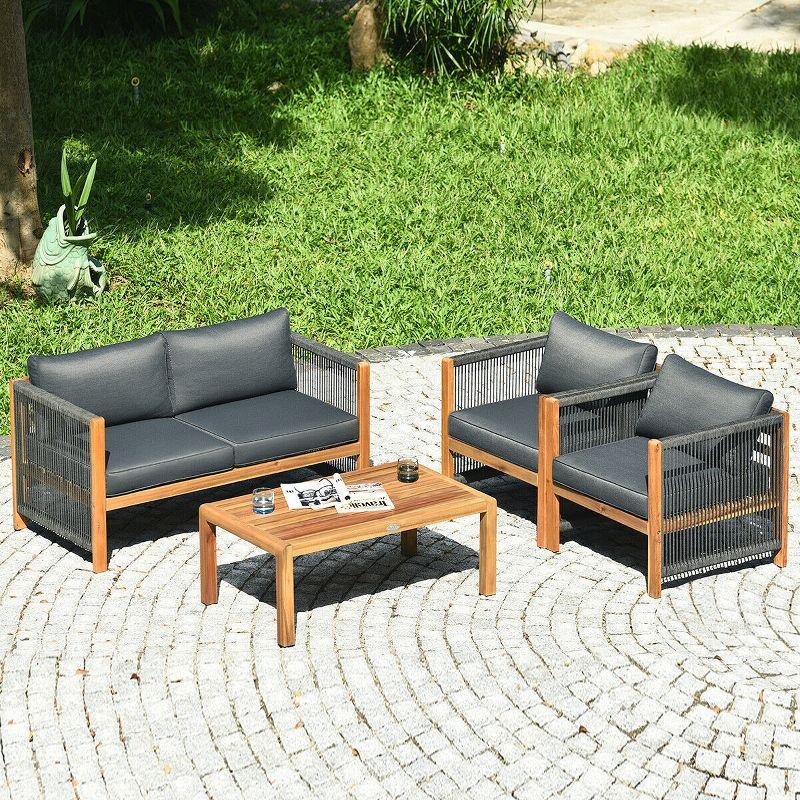 Highland Dunes Menges Outdoor Patio 4 Pieces Acacia Wood Sofa Set with Cushions
