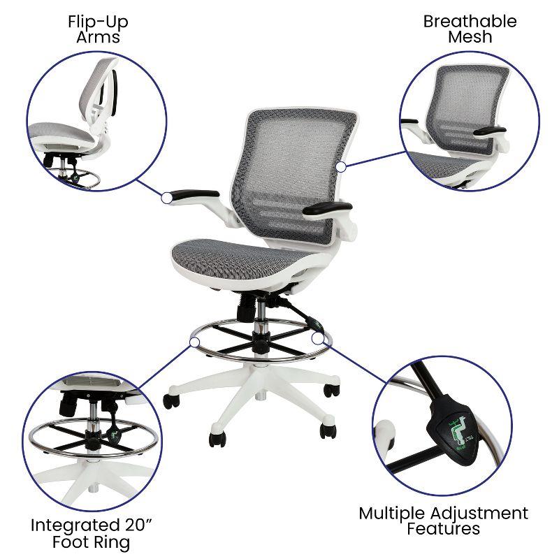 Emma and Oliver Gray Mid-Back Mesh Drafting Chair with White Frame and Flip-Up Arms