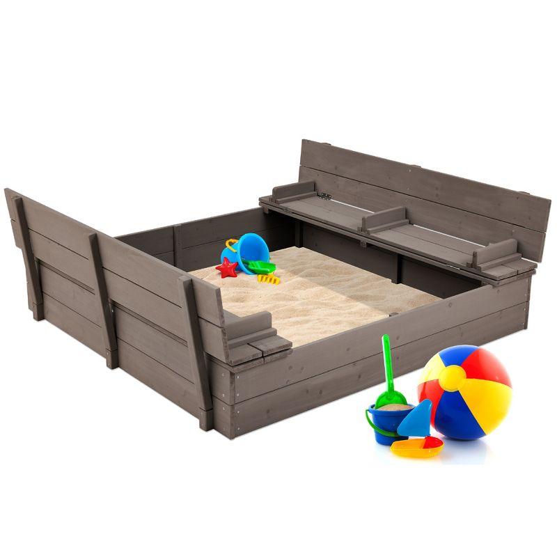 Gray Cedar Wood Kids Outdoor Sandbox with Foldable Bench Seats