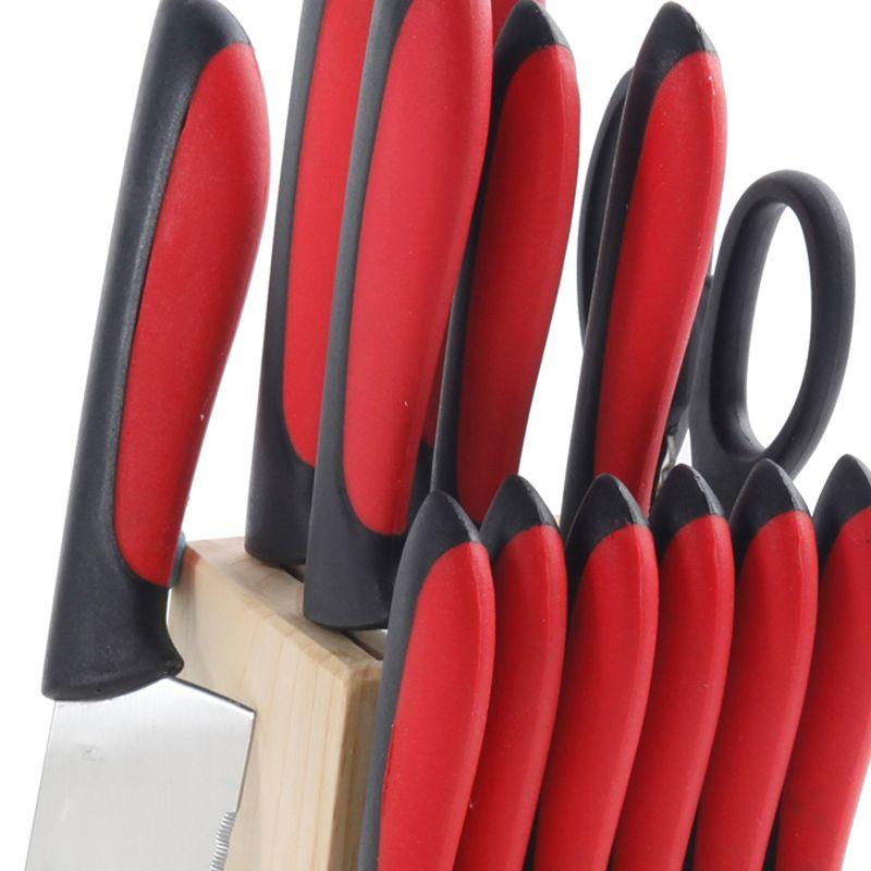 MegaChef 14-Piece Red and Black Stainless Steel Cutlery Set with Wood Block