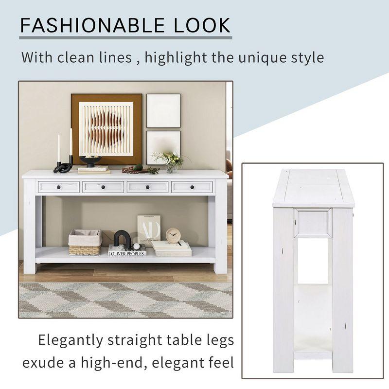 63" Wood Console Table, Foyer Sofa Table with 4 Drawers and Bottom Shelf, Narrow Entertainment Center Entryway Table for Hallway Living Room White