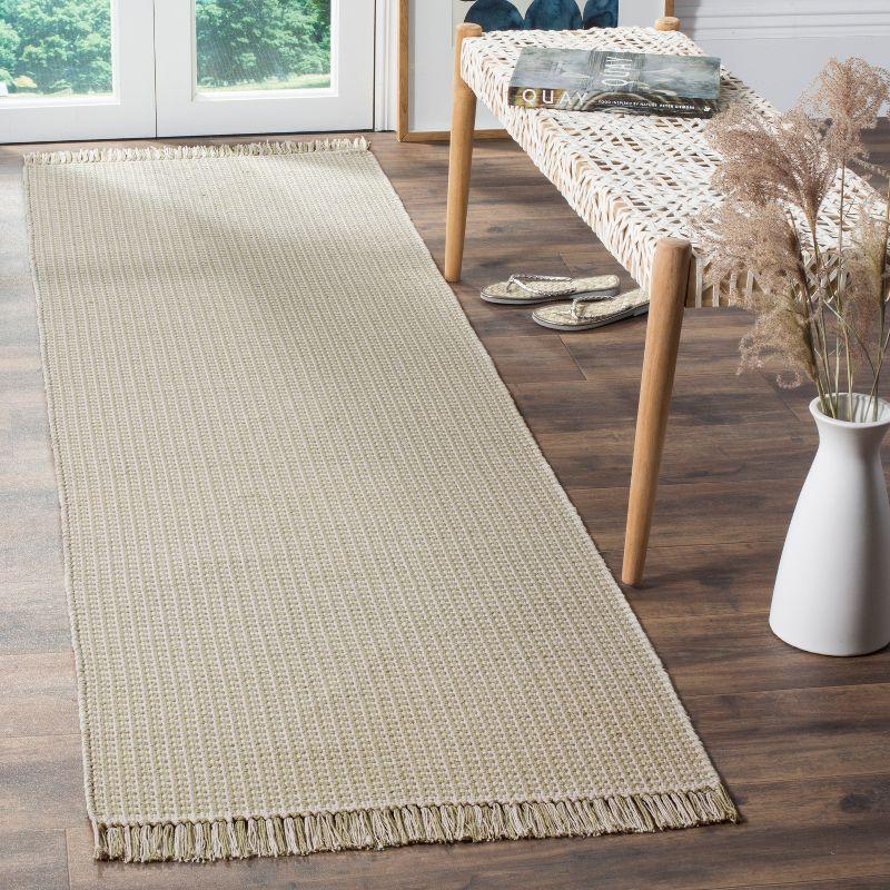 Ivory and Green Handwoven Cotton Runner Rug