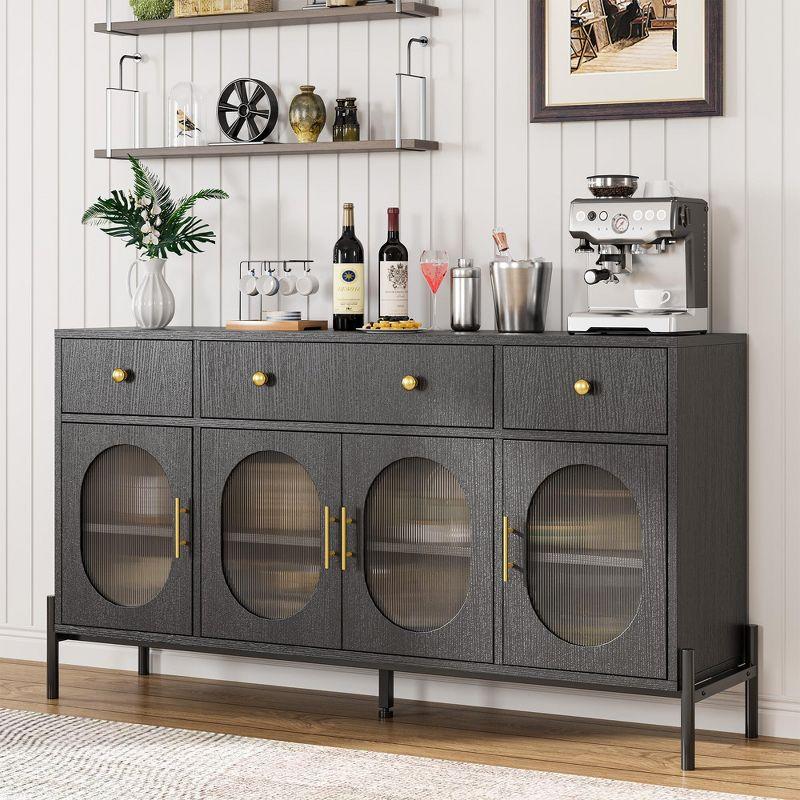 62" Large Sideboard Buffet Cabinet with Storage and 3 Drawers, Buffet Table Coffee Bar Storage Cabinet with 4 Glass Doors