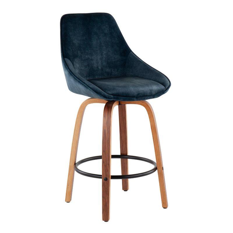 Modern Swivel Diana 25" Counter Stool in Blue Velvet with Walnut Legs