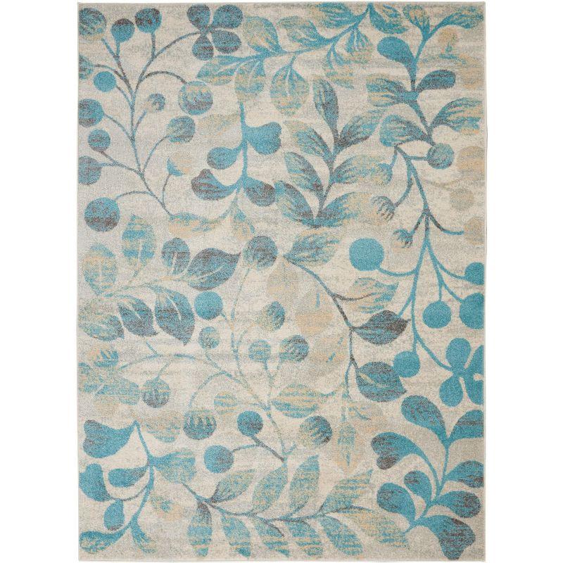 Ivory and Turquoise Floral Synthetic 4' x 6' Area Rug