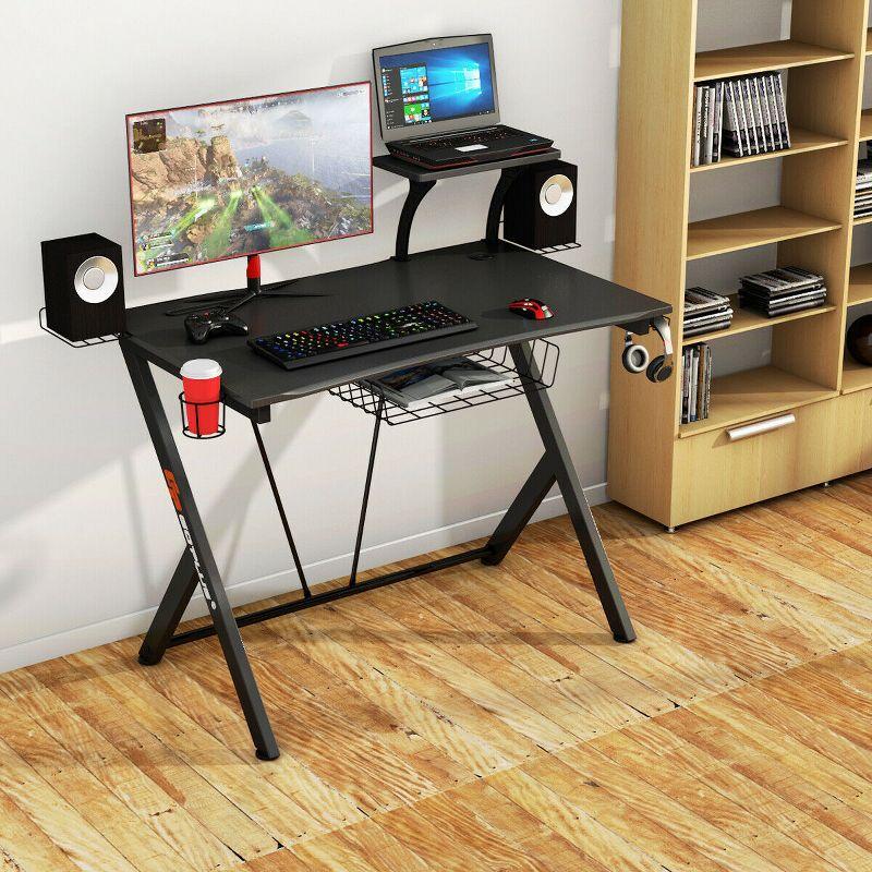 Black Wood Gaming Desk with Drawer, Cup Holder, and Headphone Hook