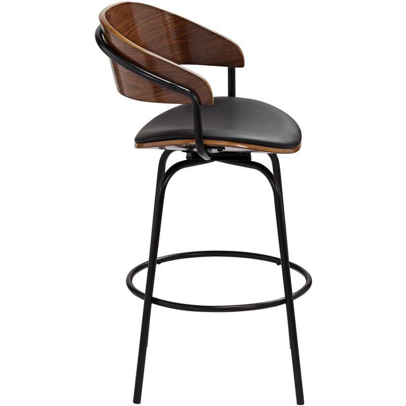 Elm Lane Larsen Black Swivel Bar Stool 26" High Mid Century Modern Faux Leather Cushion with Walnut Backrest Footrest for Kitchen Counter Height Home
