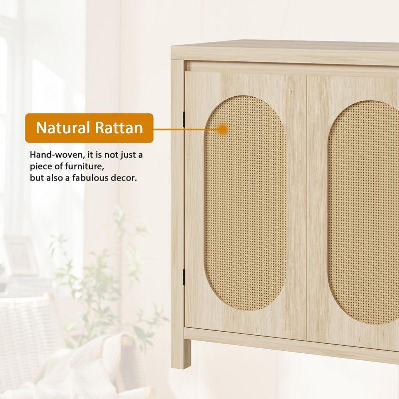 Rattan Storage Cabinet, Wooden Sideboard Buffet Cabinet with Doors and Shelves, Small Console Cabinet with Storage