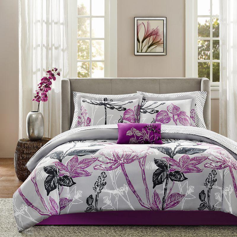 Twin Purple Microfiber Comforter Set with Gathered Embellishment