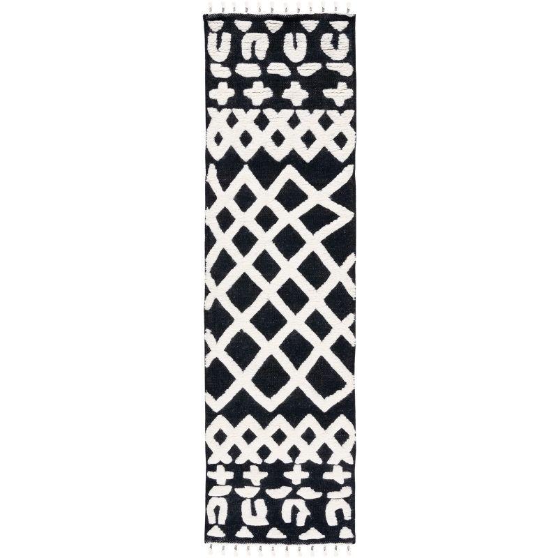 Black and Ivory Wool Hand-Knotted Aztec Runner Rug