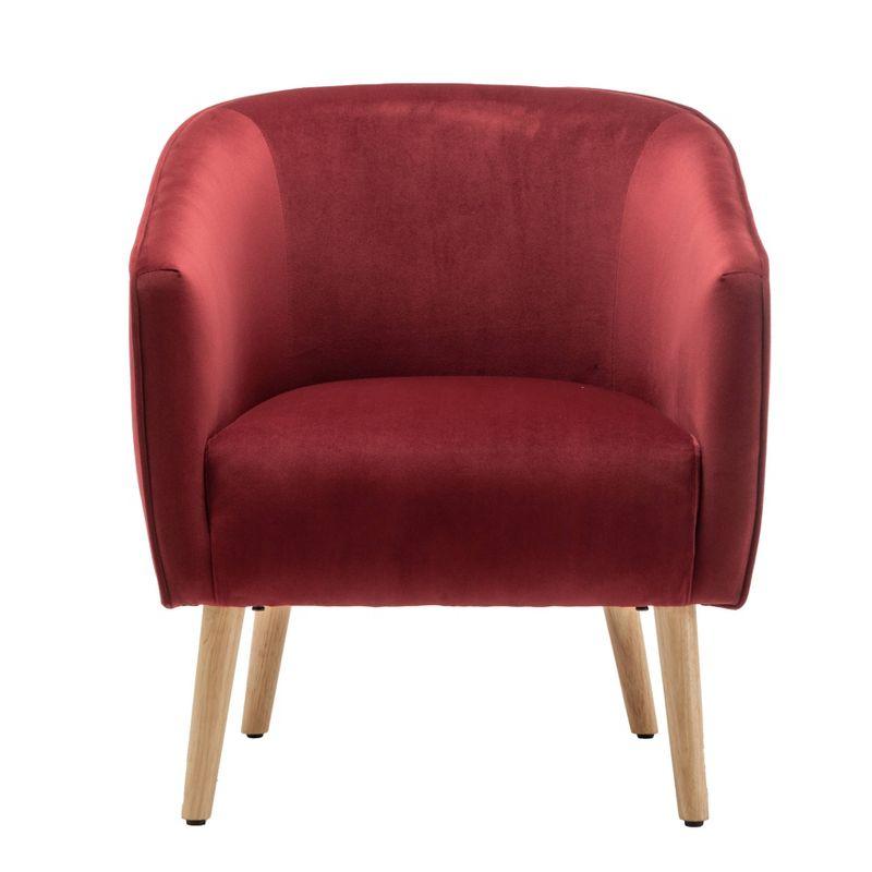 Sienna Red Velvet Barrel Accent Chair with Natural Wood Detailing