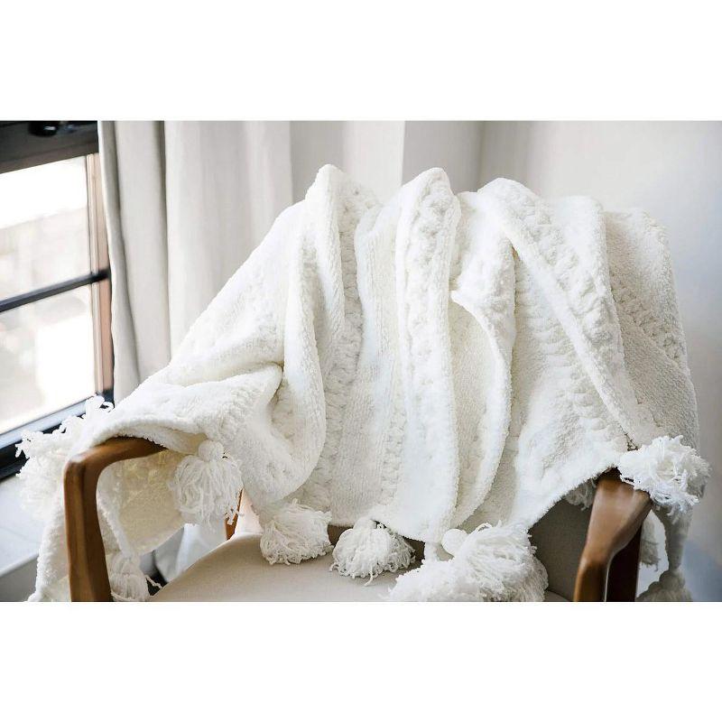 White Braided Tassel Knit Throw Blanket