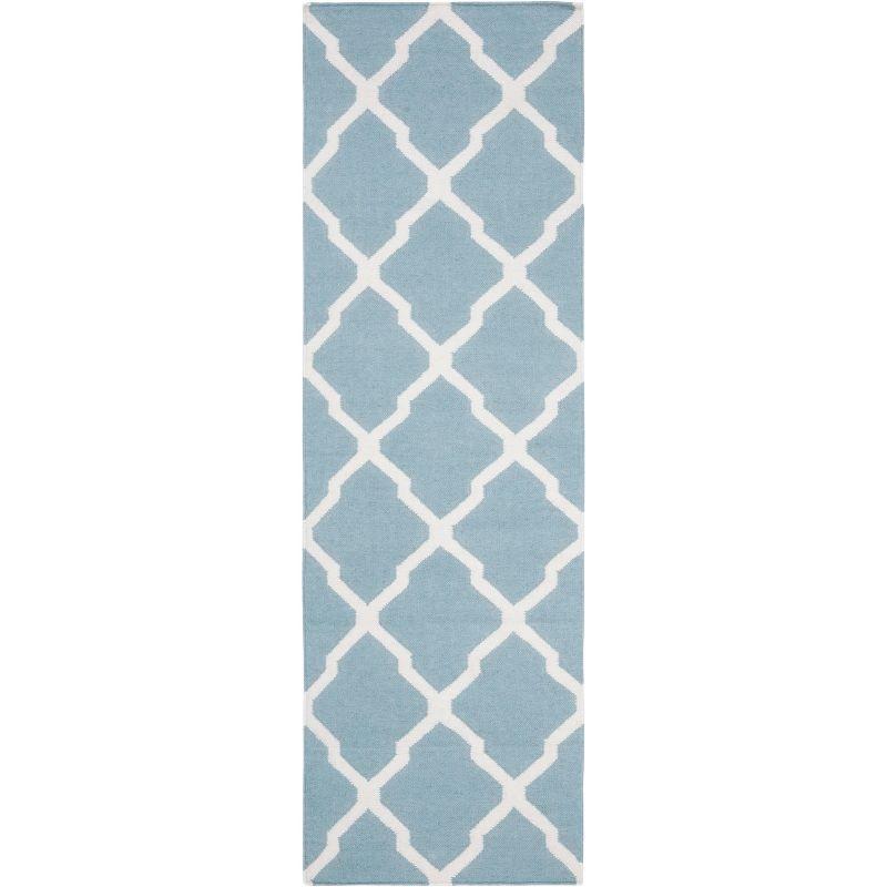 Dhurrie Hand Woven Flat Weave Wool/Cotton Geometric Rug in Light Blue/Ivory