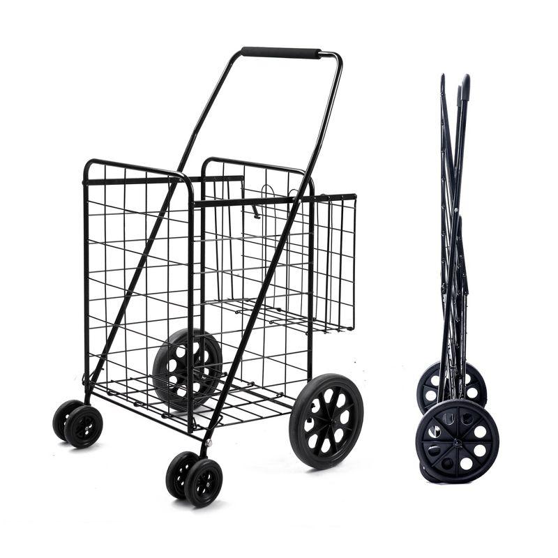 SUGIFT Folding Shopping Cart Jumbo Basket Grocery Laundry with Swivel Wheels Black