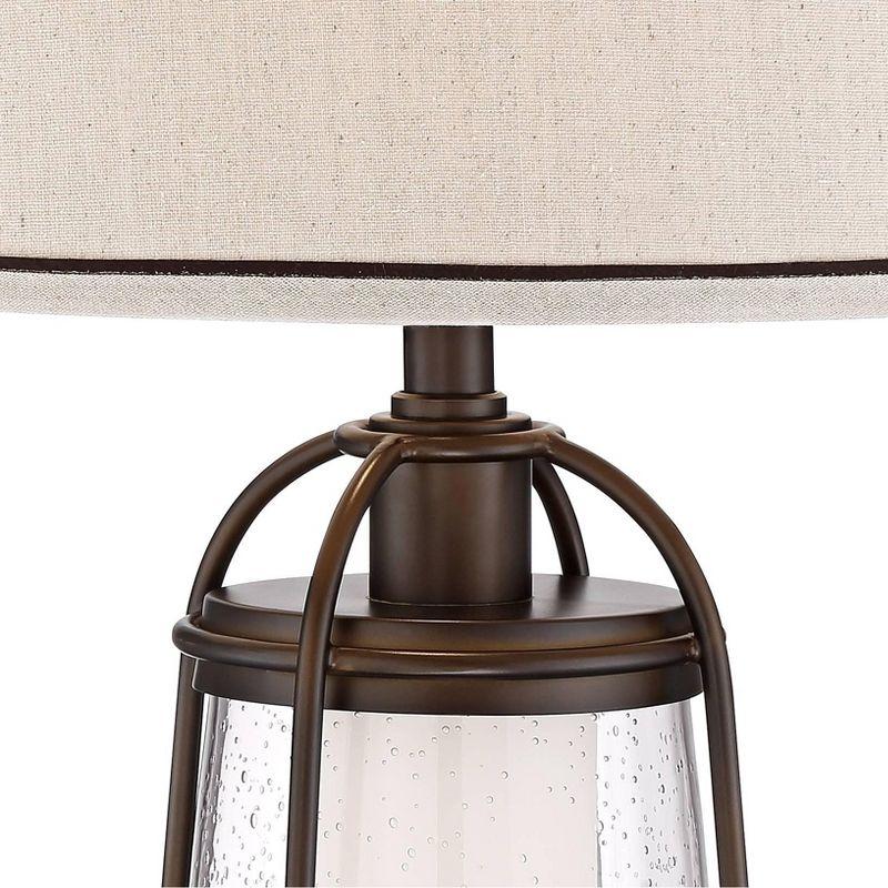 Franklin Iron Works Hugh Industrial Rustic Table Lamp 26" High Bronze Metal Seeded Glass with LED Nightlight Off White Shade for Bedroom Living Room