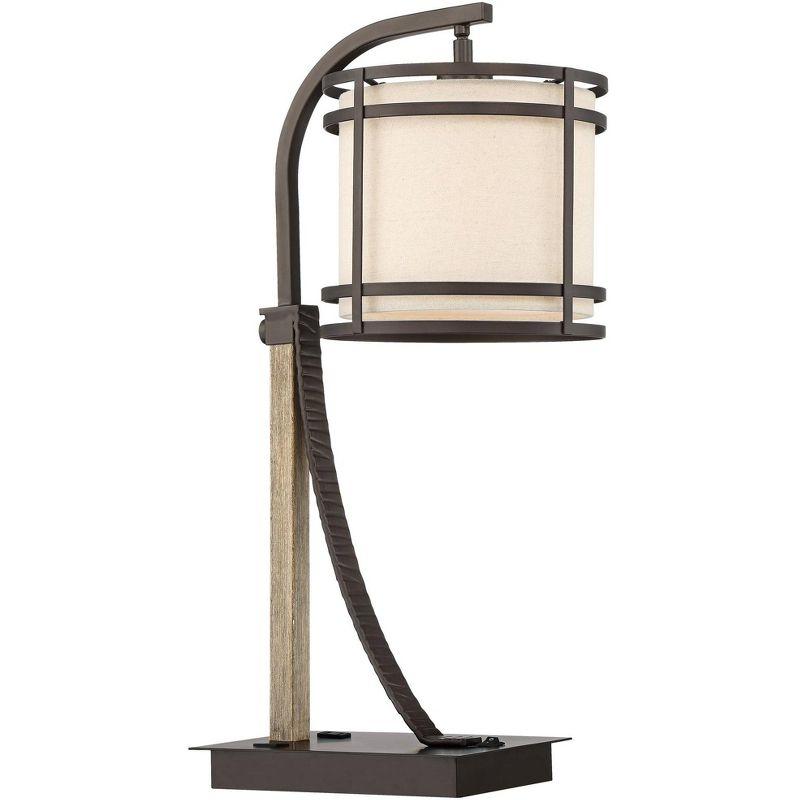 Franklin Iron Works Gentry Industrial Desk Lamp 22" High Oil Rubbed Bronze Faux Wood Cage with USB and AC Power Outlet in Base Oatmeal Shade for Desk