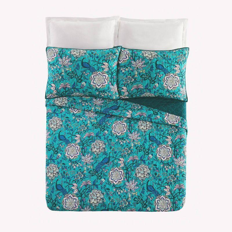 Peacock Garden Blue Microfiber Full Quilt Set