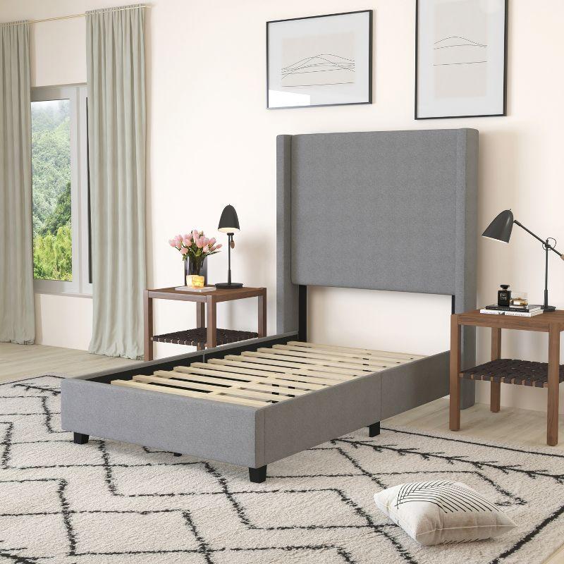 Elysian Twin Gray Linen Upholstered Bed with Sleek Wingback Headboard