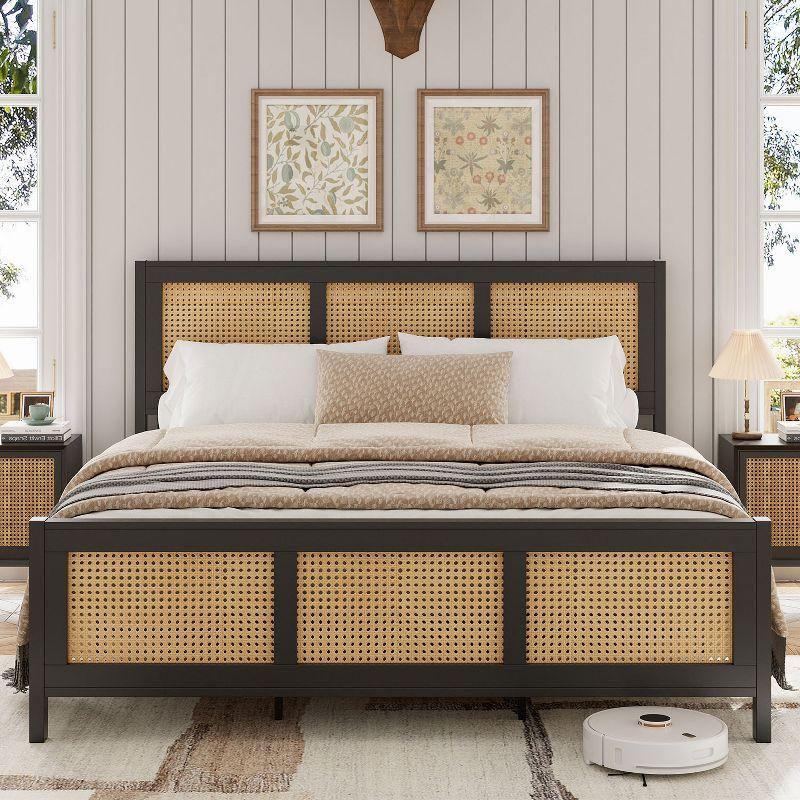 Garvee Rattan Bed Frame with Headboard, Full Bed Frame with Strong Metal Slats Support, Noise-Free Design, No Box Spring Needed, Black