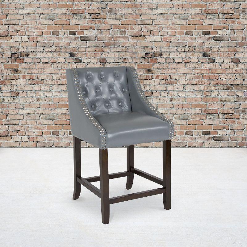 Gray Leather Tufted Walnut Counter Height Stool