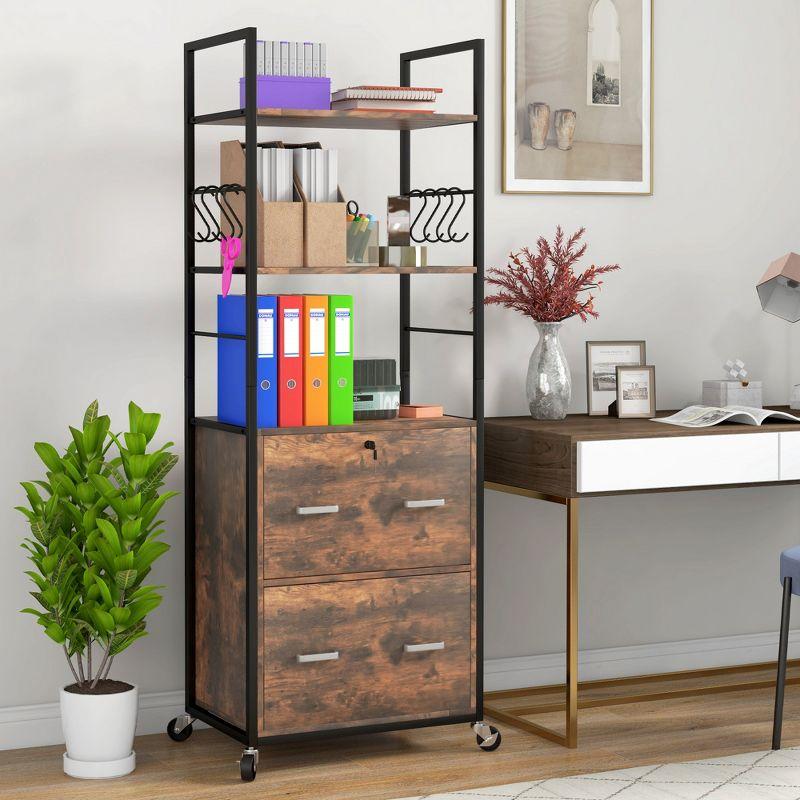 Rustic Brown 2 Drawer Mobile File Cabinet with Lock and Shelves