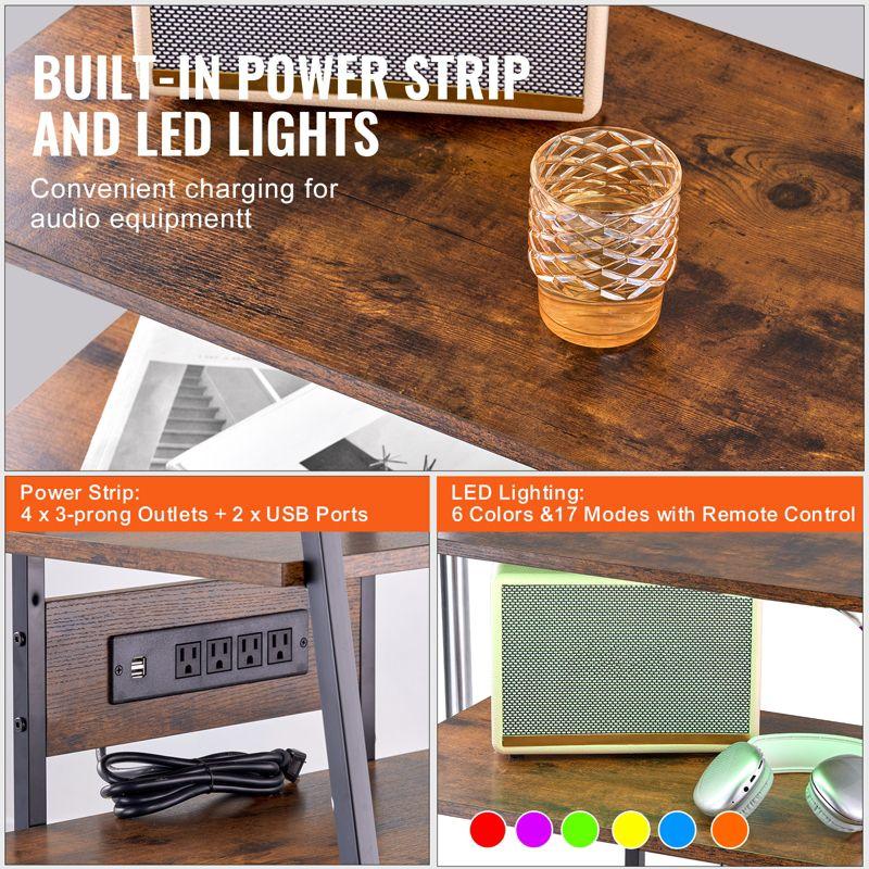 VEVOR 4-Tier AV Media Stand with Power Strips, Corner TV Stand with LED Lights, Height Adjustable Wooden Shelves