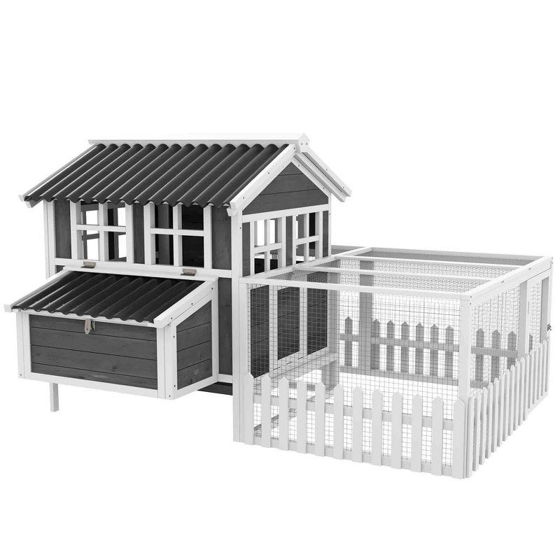 Gray and White Wooden Chicken Coop with Run and Nesting Box