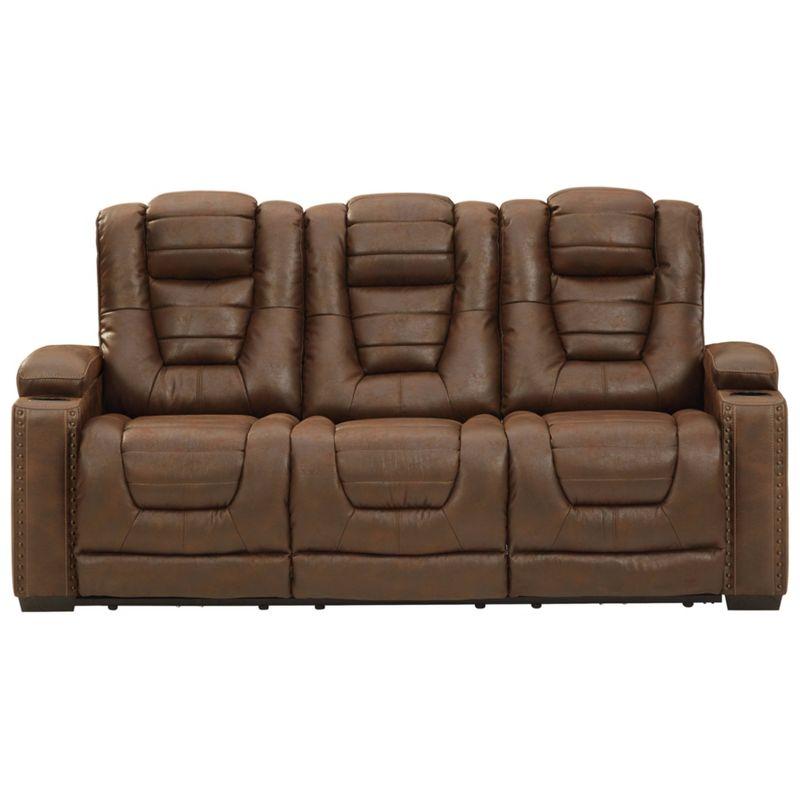 Brown Tufted Faux Leather Reclining Sofa with Storage and Cup Holder