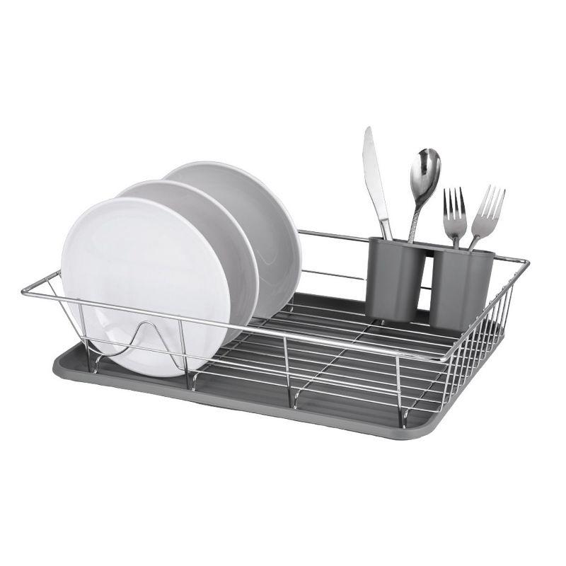 Trio Home Stainless 3-Piece Dish Drying Drainer Rack, Removable Utensil Holder and Drainboard - Grey