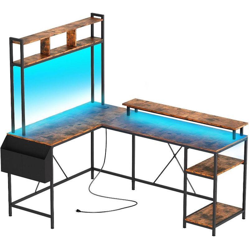 Garvee Spacious L-Shaped Gaming Desk with Customizable RGB Lights & Charging Options – Ideal for Comfort & Efficiency, Brown