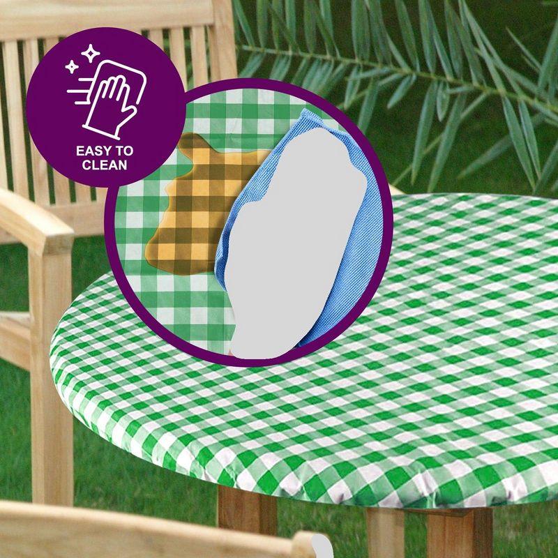 Round Tablecloth -Fitted with Elastic, Vinyl with Flannel Back, 48” Green Checked Design,- By Sorfey