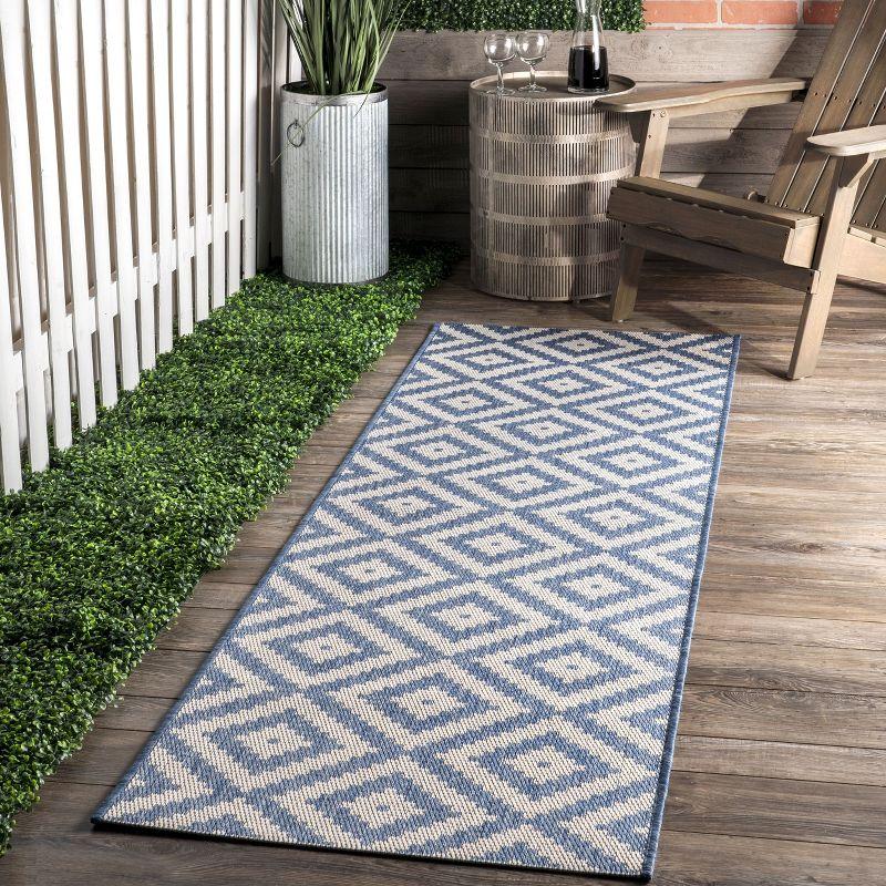 Nuloom Marybelle Geometric 2x8 Indoor/Outdoor Runner Rug for Living Room Patio Deck Front Porch Entryway Hallway Kitchen, Blue/Ivory