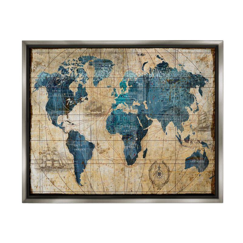 Stupell Industries Vintage Abstract World Map Design Gray Floater Framed Canvas Wall Art, 16 x 20