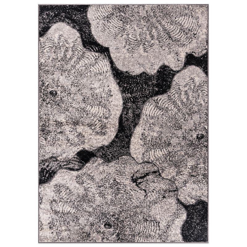 Black and Gray Floral Synthetic 5' x 7' Area Rug