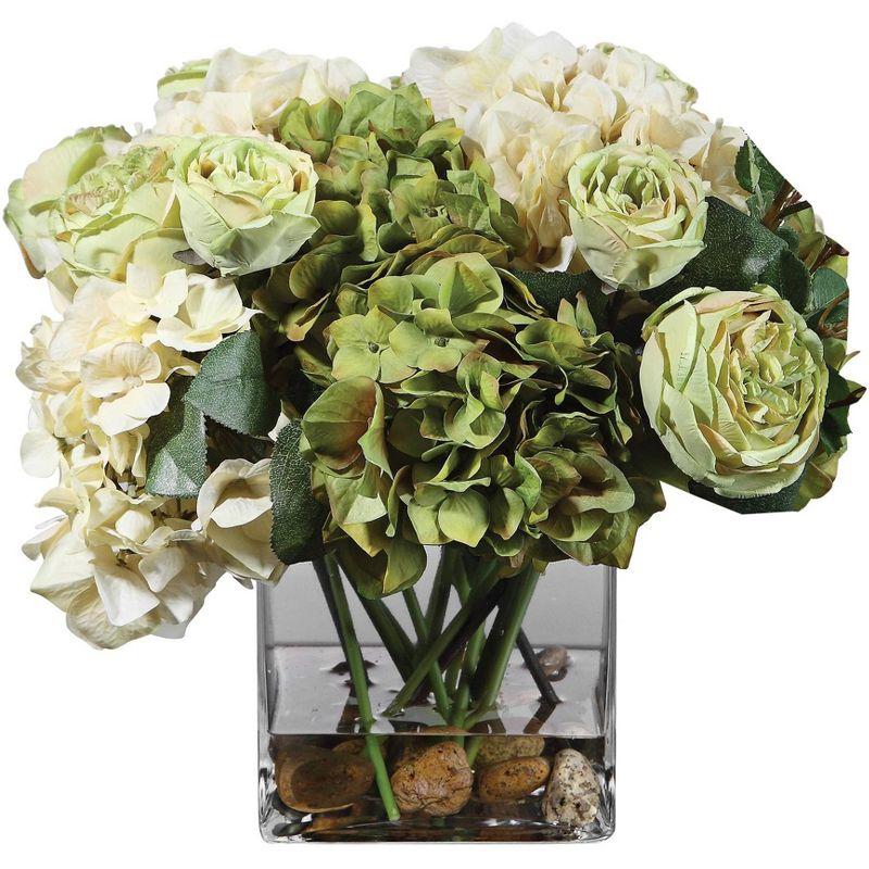 Contemporary Cream and Sage Hydrangea and Rose Tabletop Arrangement in Glass Vase