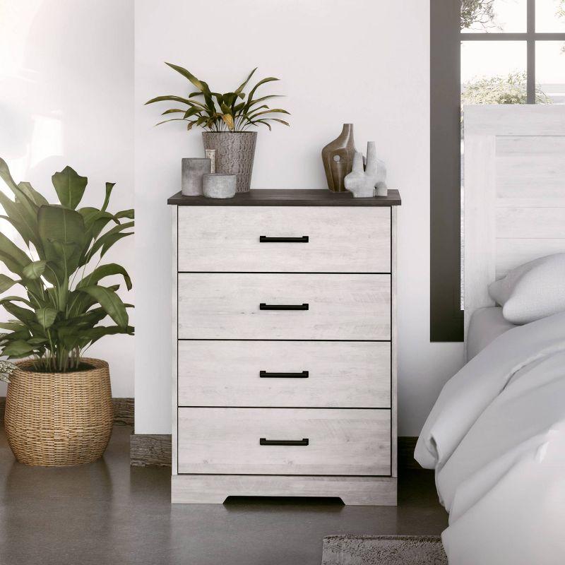 Prepac Rustic Ridge Farmhouse 4 Drawer Wooden Bedroom Dresser Washed White