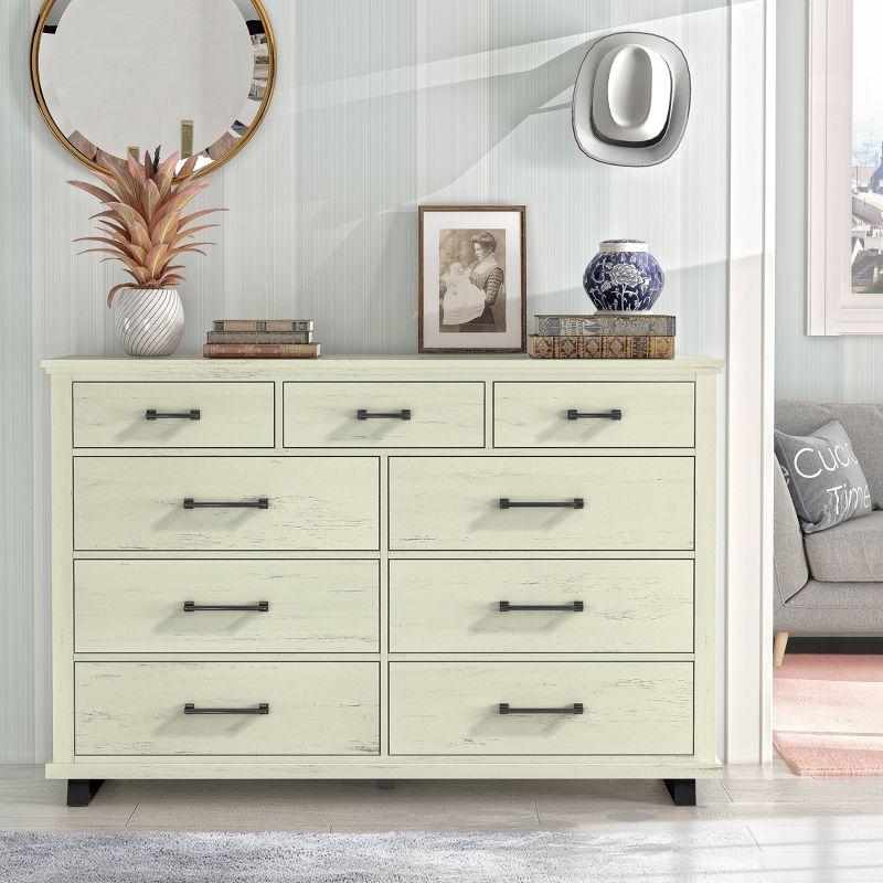 64" Dresser with 9 Drawers Cut Off-White - Festivo: Modern Farmhouse Style, Iron Leg Support, MDF Construction