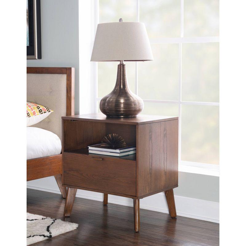 Reid Mid-Century Modern Wood 1 Drawer Nightstand Walnut - Linon: Bedside Table with Shelf & Storage