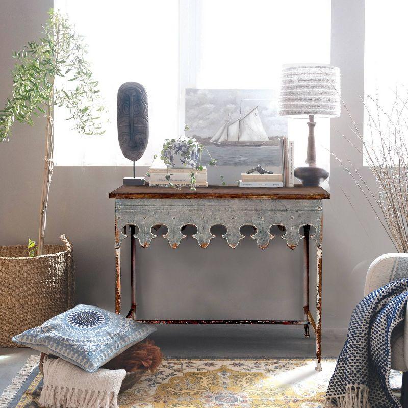 Storied Home Scalloped Sofa Table Silver: Farmhouse Zinc-Finish, Fir Wood Top, 44 lbs Capacity
