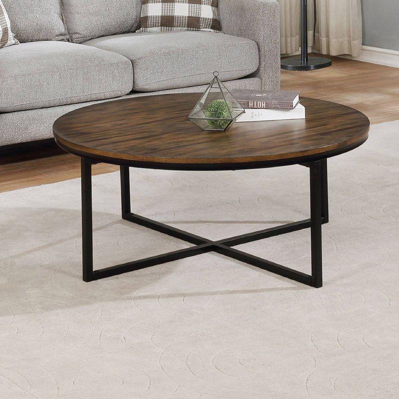 42" Arcadia Acacia Wood Round Coffee Table Dark Brown - Alaterre Furniture: Industrial Style, Metal Legs