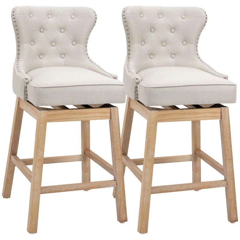 Cream Upholstered Swivel Bar Stools with Wood Legs, Set of 2