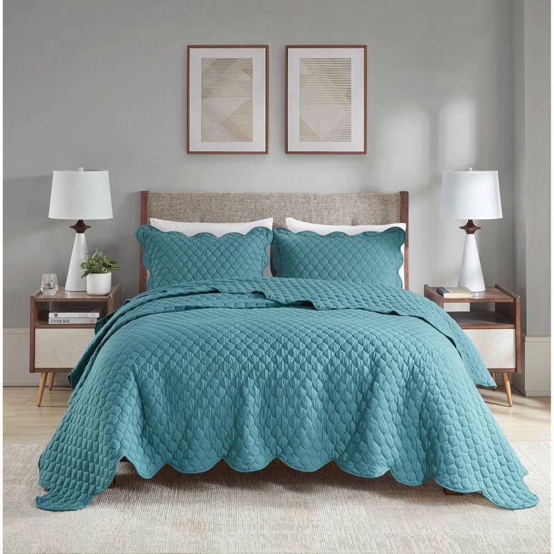 Teal King Reversible Microfiber Quilt Set with Scallop Edges